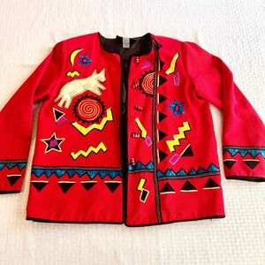 Indigo Moon Vintage Wearable Art Jacket Red Celestial Animal Embroidered Small